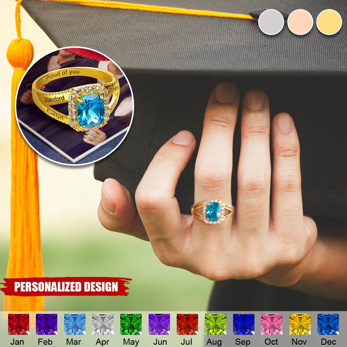 Personalized Square Birthstone Ring-Gift for Class of 2025 Graduates