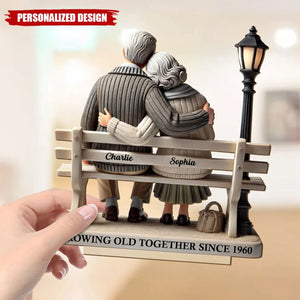 Old Couple Sitting On Bench At The Park-Personalized Standing Wooden Plaque-Gift For Couple