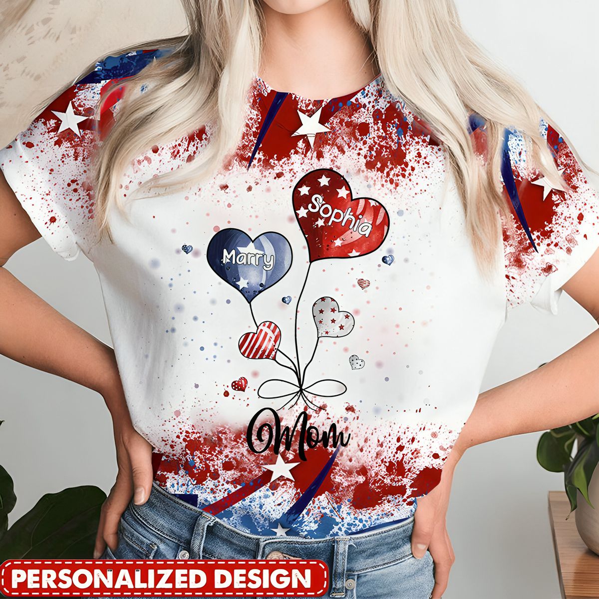 4th of July Sweet Heart Grandma Auntie Mom Kids American Flag Pattern Personalized T-shirt