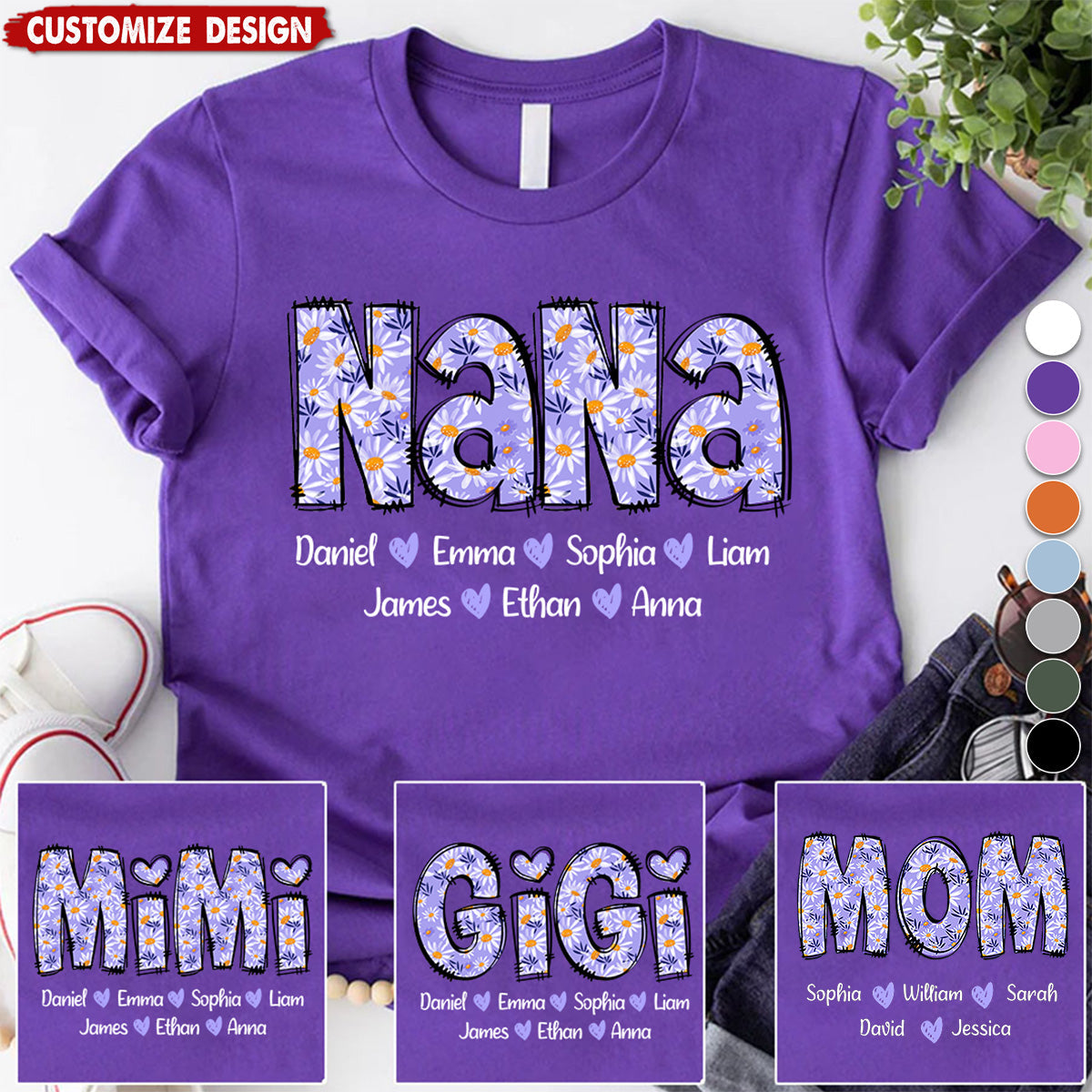 Custom Gigi Purple Daisy With Grandkids Mother's Day TH T-Shirt