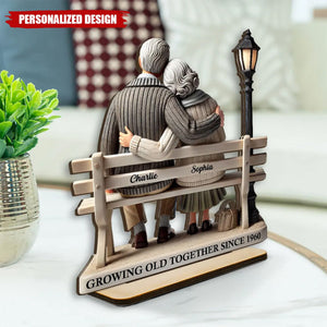 Old Couple Sitting On Bench At The Park-Personalized Standing Wooden Plaque-Gift For Couple