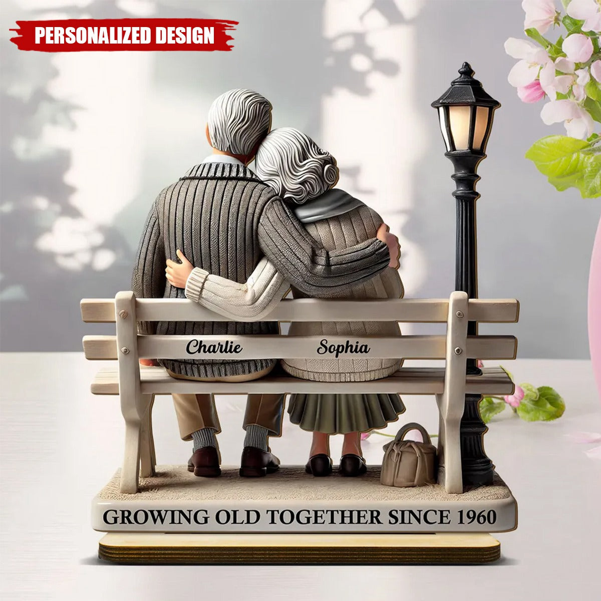 Old Couple Sitting On Bench At The Park-Personalized Standing Wooden Plaque-Gift For Couple