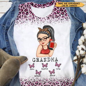 Mom Grandma Kids Butterflies Leopard Pattern - Gift For Mother, Grandmother - Personalized 3D T-shirt