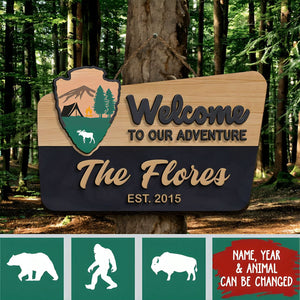 Welcome To Our Adventure Wooden Sign - Personalized 2 Layer Wooden Door Sign