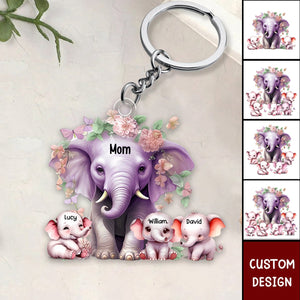 Mama Purple Elephant With Little Kids - Personalized Acrylic Keychain - Gift For Mom, Grandma