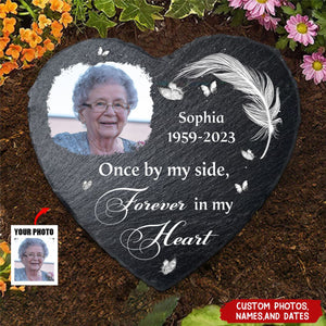 Custom Photo No Longer By My Side But Forever In My Heart - Personalized Heart Memorial Garden Stone