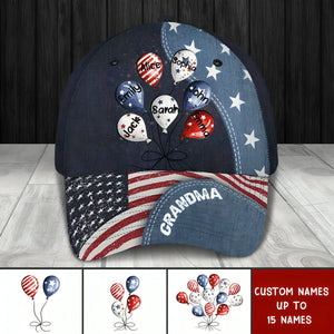 Personalized US Grandma Bunch of Balloons & Kid Names Independence Day 4th July Cap 3D Printed