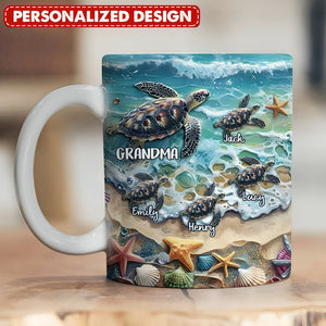 Sea Turtle Grandma Auntie Mom Kids On Beach-Personalized Mug-Gift For Mom And Grandma