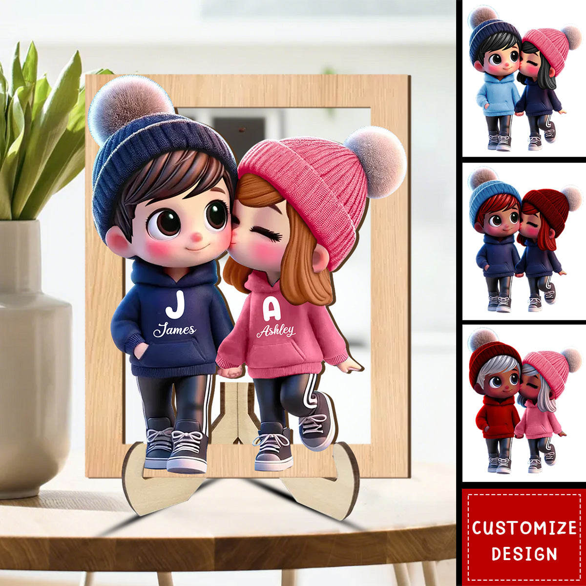 Personalized Cute Cartoon Couple Wooden Plaque - Gift For Couple