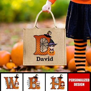 Personalized Cartoon Character Pumpkin Design Trick or Treat Candy Jute Tote Bag with Initial & Name Halloween Party Favors Gift for Kids