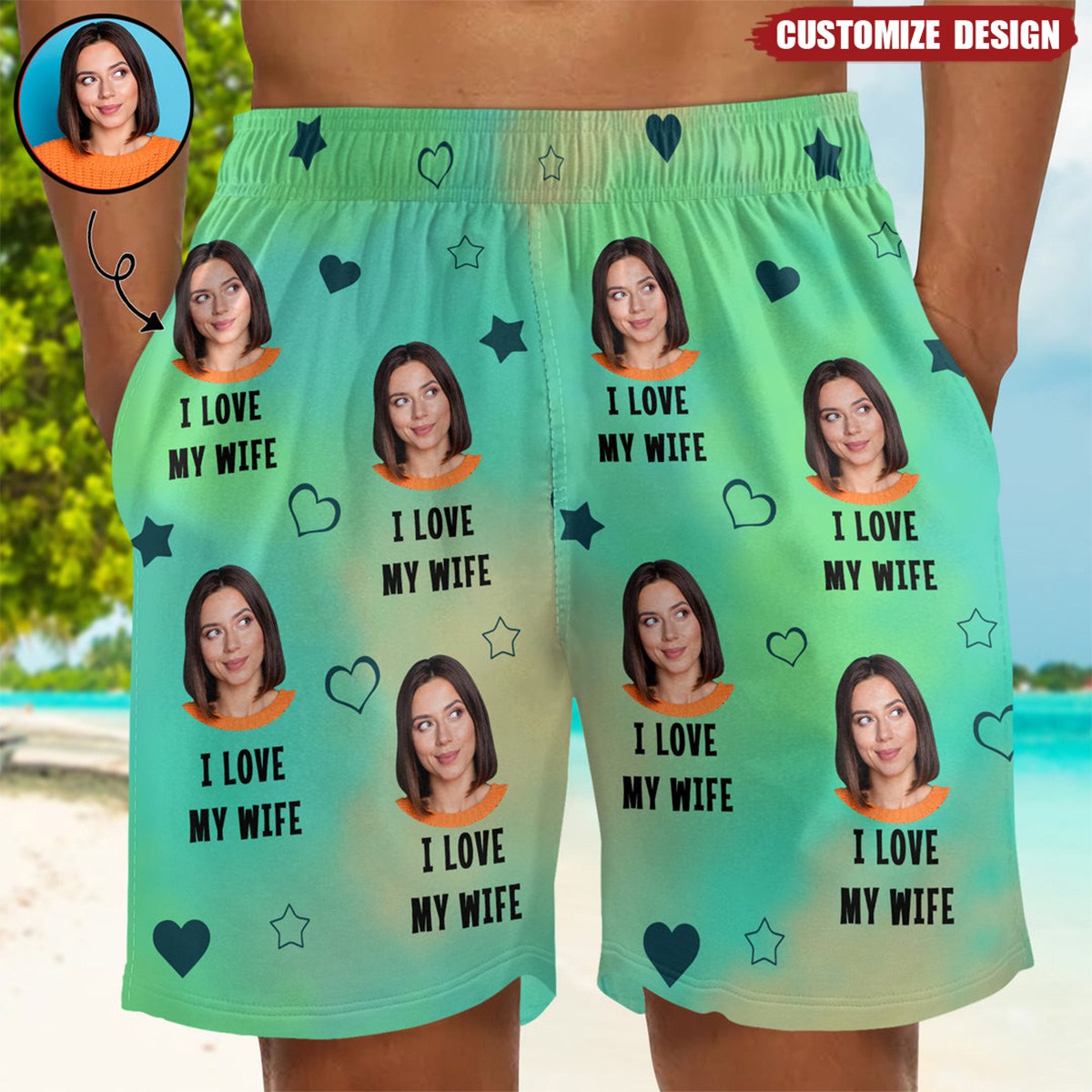 I Love My Wife Funny Custom Photo - Personalized Unisex Man Beach Shorts