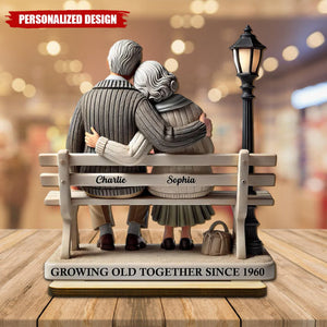 Old Couple Sitting On Bench At The Park-Personalized Standing Wooden Plaque-Gift For Couple