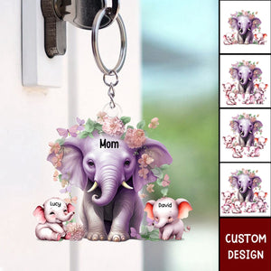 Mama Purple Elephant With Little Kids - Personalized Acrylic Keychain - Gift For Mom, Grandma