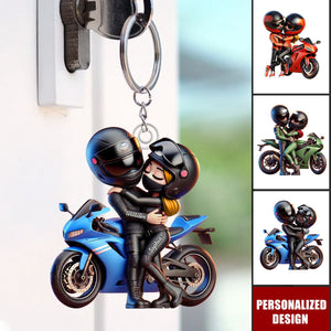 Motorcycle Pretty Cartoon Couple-Personalized Keychain-Anniversary Birthday Gift For Him, For Biker Couple