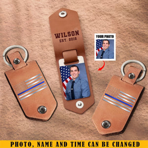 Personalized Upload Your Photo Police Officer US Flag Blue Line Leather Keychain