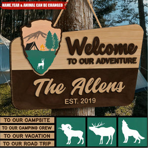 Welcome To Our Adventure Wooden Sign - Personalized 2 Layer Wooden Door Sign