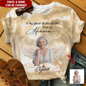 Sparkling Memorial Upload Photo Angel Wings, A Big Piece Of My Heart Lives In Heaven Personalized 3D T-shirt