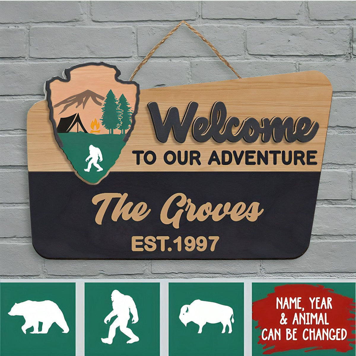 Welcome To Our Adventure Wooden Sign - Personalized 2 Layer Wooden Door Sign