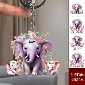 Mama Purple Elephant With Little Kids - Personalized Acrylic Keychain - Gift For Mom, Grandma