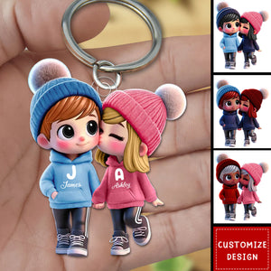 Cute Cartoon Couple Walking Personalized Acrylic Keychain-Gift For Couple