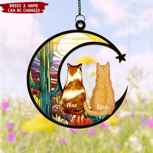 Cat & Dog Sitting On Moon - Personalized Memorial Suncatcher Ornament