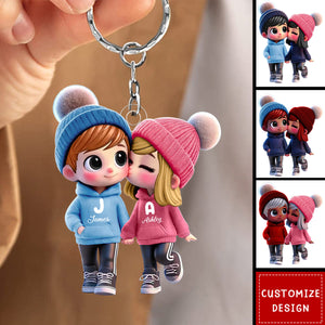 Cute Cartoon Couple Walking Personalized Acrylic Keychain-Gift For Couple