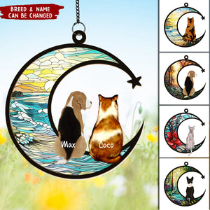 Cat & Dog Sitting On Moon - Personalized Memorial Suncatcher Ornament