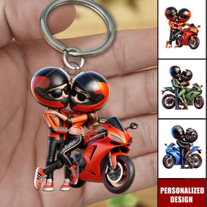 Motorcycle Pretty Cartoon Couple-Personalized Keychain-Anniversary Birthday Gift For Him, For Biker Couple