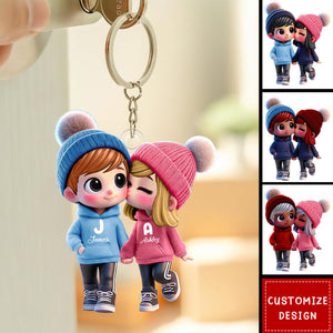 Cute Cartoon Couple Walking Personalized Acrylic Keychain-Gift For Couple