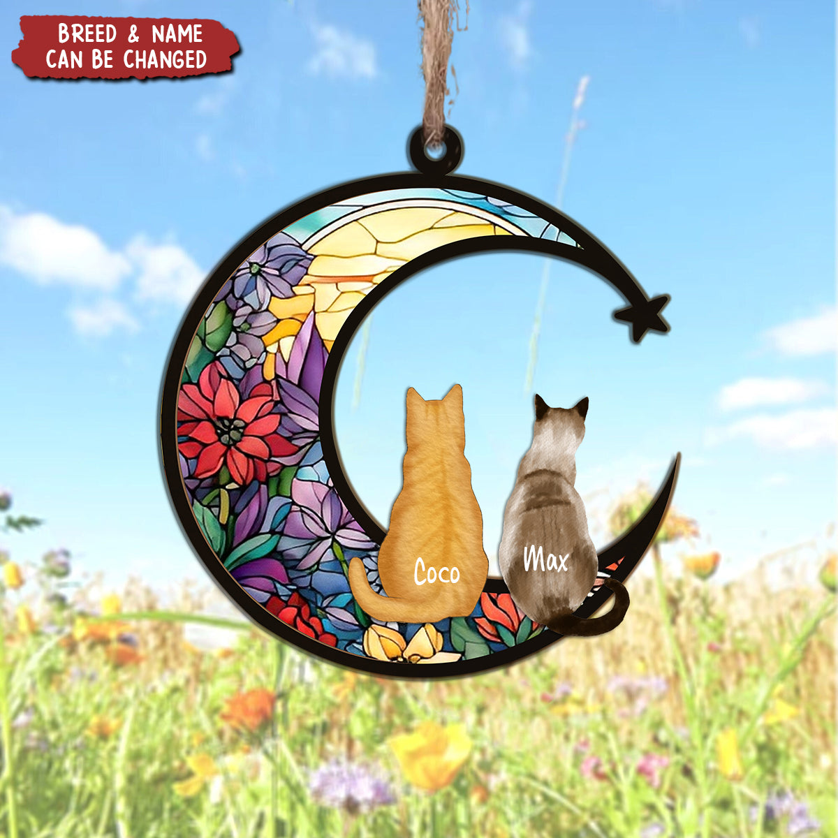 Cat & Dog Sitting On Moon - Personalized Memorial Suncatcher Ornament