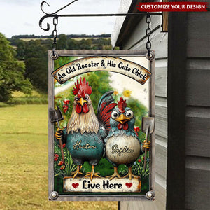 An Old Rooster & His Cute Chick Live Here - Personalized Chicken Rectangle Metal Sign