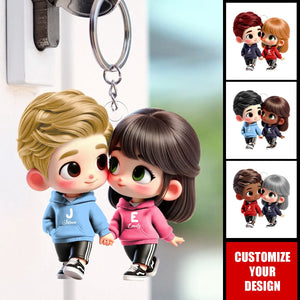 Cute Cartoon Couple Holding Hands Personalized Acrylic Keychain, Anniversary & Valentine's Day Gift