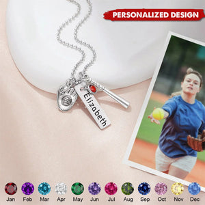 Personalized Birthstone Softball Baseball Bat Glove Necklace