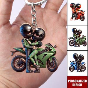 Motorcycle Pretty Cartoon Couple-Personalized Keychain-Anniversary Birthday Gift For Him, For Biker Couple