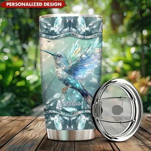 Crystal Radiance Iridescent Hummingbird Glass Art-Personalized Name Tumbler