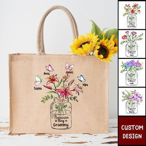 Happiness Is Being A Grandma Mom Vase of Flower - Personalized Jute Tote Bag