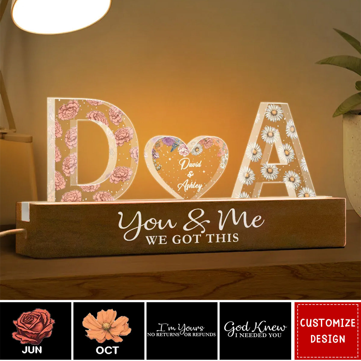 Couple Initials Birth Month Flower Anniversary Gift Personalized Acrylic Block LED Night Light