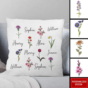 Family Members With Birth Flowers - Personalized Pillow-Gift For Family And Friends