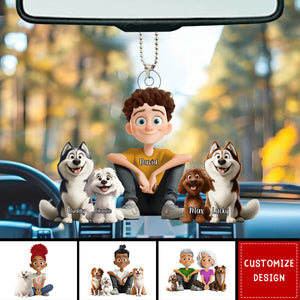 Personalized Cute Cartoon Couple And Dogs Acrylic Car Ornament-Gift For Dog Lovers, Couple