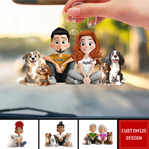 Personalized Cute Cartoon Couple And Dogs Acrylic Car Ornament-Gift For Dog Lovers, Couple