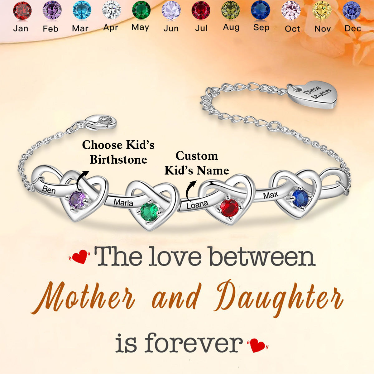 Linked Heart Bracelet with Birthstones Personalized Family Bracelet - Gift For Mom,Grandma