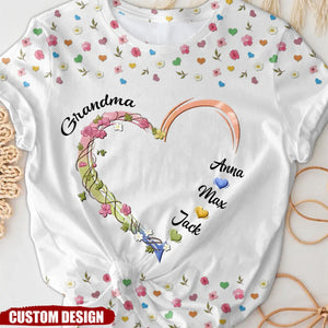 Personalized Grandma, Nana Flower Heart 3D T-shirt