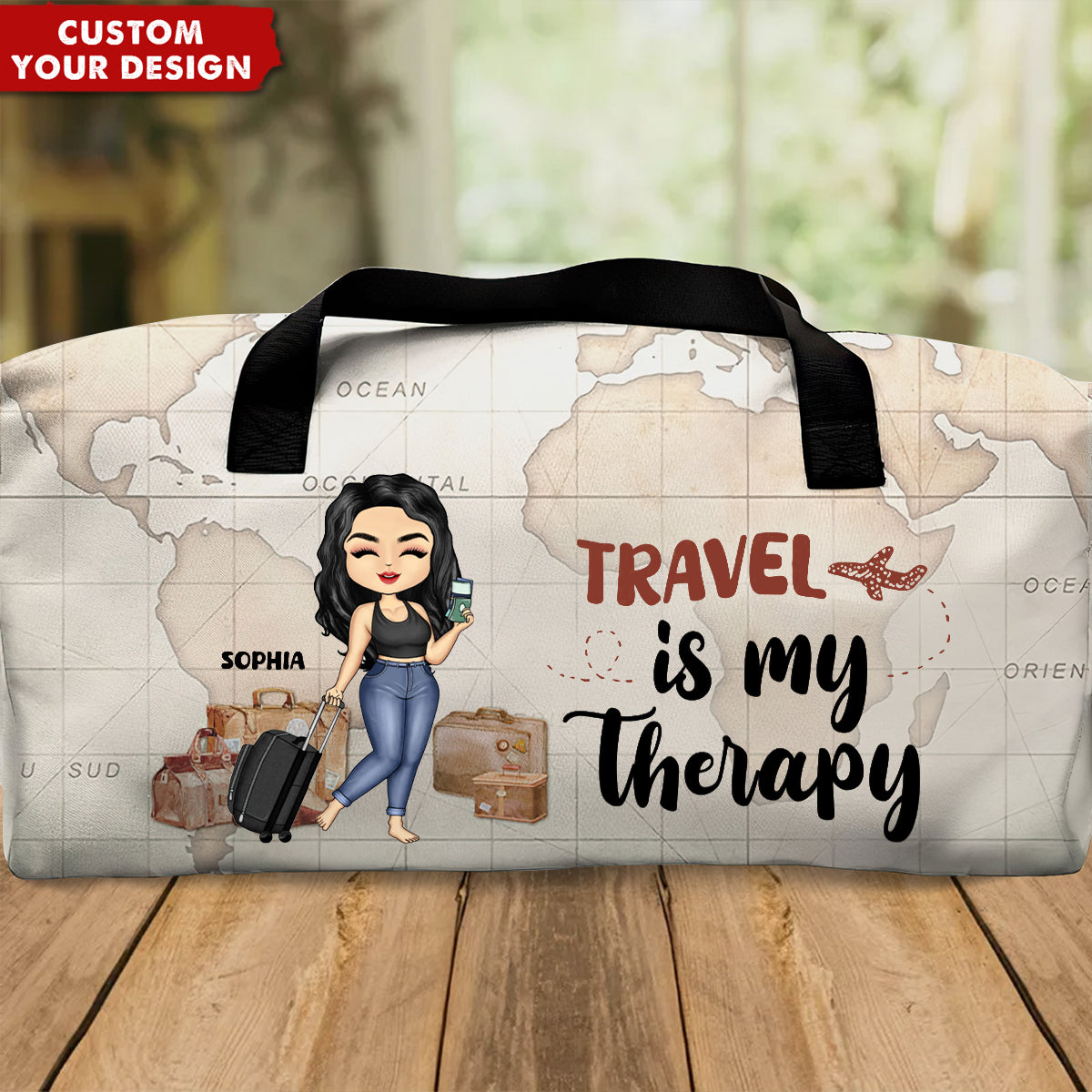 Travel Is My Therapy Vintage World Map - Personalized Duffle Bag