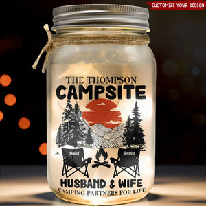 Husband & Wife Camping Partners For Life - Personalized Mason Jar Light