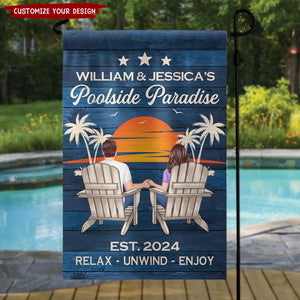 Swimming Pool Zone Decor Couple Sitting Personalized Flag, Housewarming, Birthday, Anniversary Gift for Him, Her