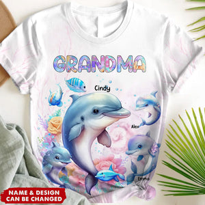 Personalized Grandma or Mom Watercolor Dolphin & Kid Names 3D T-shirt Printed