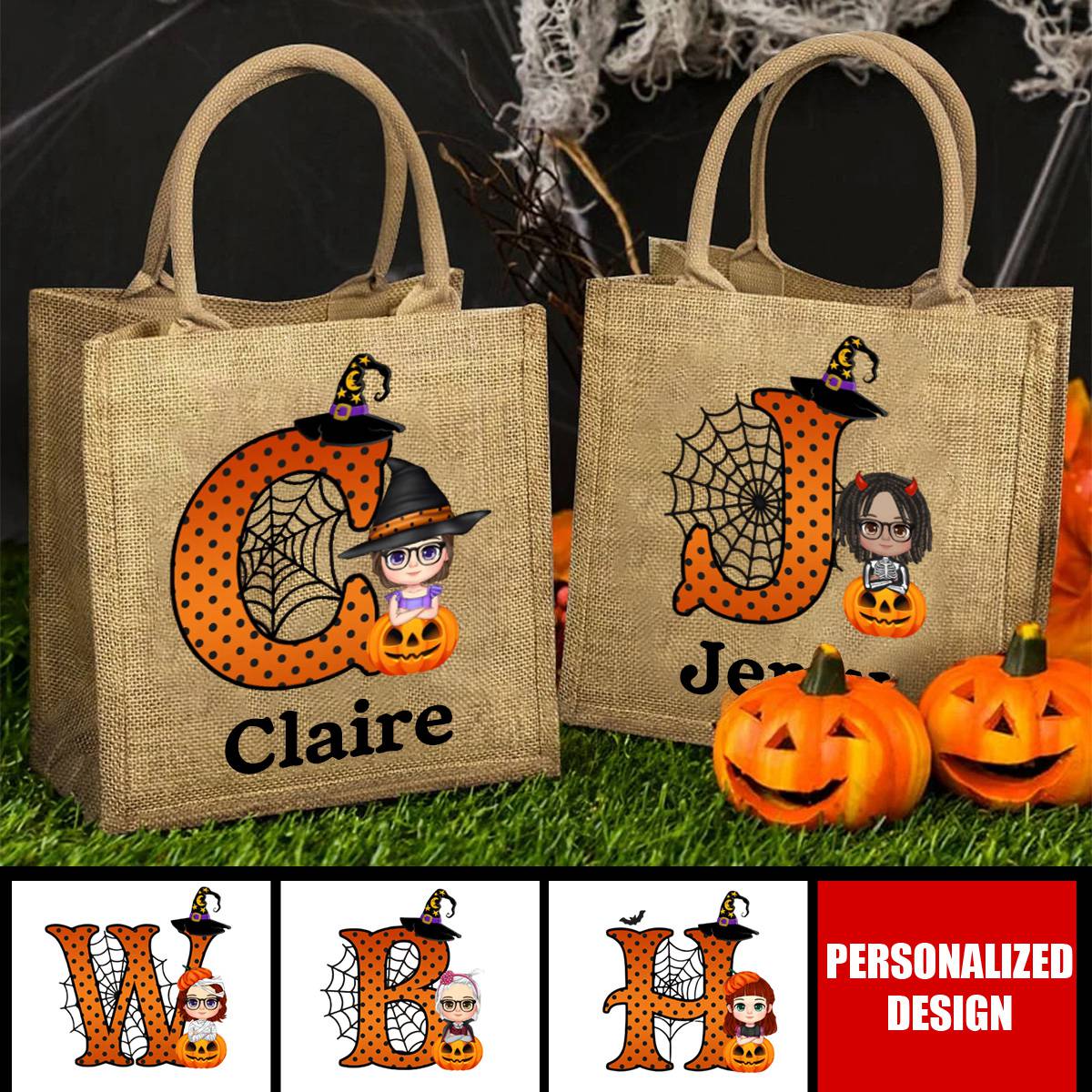 Personalized Cartoon Character Pumpkin Design Trick or Treat Candy Jute Tote Bag with Initial & Name Halloween Party Favors Gift for Kids