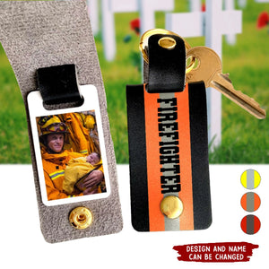 Personalized Upload Your Firefighter Photo Custom Name Leather Keychain Printed