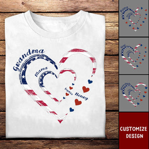 4th of July Grandma Mom Kids Heart to Heart Personalized 3D White T-Shirt