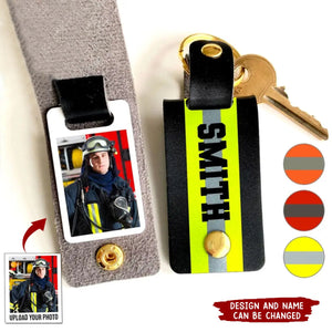 Personalized Upload Your Firefighter Photo Custom Name Leather Keychain Printed